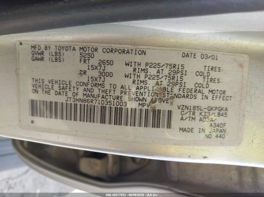 2001 Toyota 4runner VIN JT3HN86R710351003 IAAI salvage auction — NORMAL WEAR, Clear (Illinois), sold $1,575 on 2026-07-27 (photo 9)
