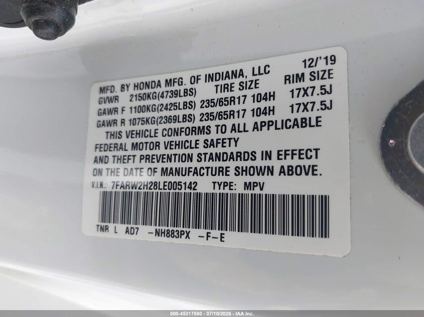 2020 Honda Cr-v VIN 7FARW2H28LE005142 IAAI salvage auction — FRONT END, Salvage (Virginia), sold $6,000 on 2026-07-28 (photo 9)