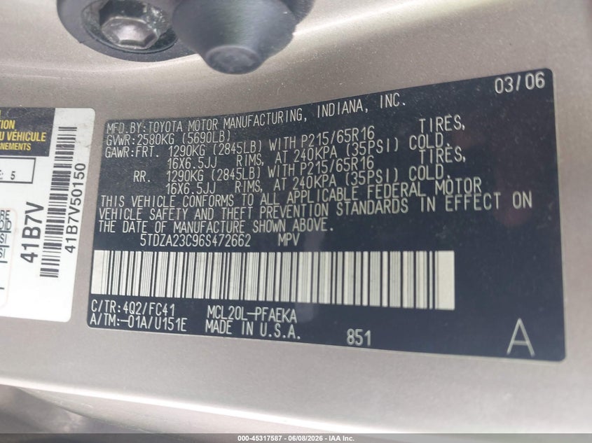 2006 Toyota Sienna VIN 5TDZA23C96S472662 IAAI salvage auction — FRONT END, Salvage (Illinois), sold $350 on 2026-07-21 (photo 9)