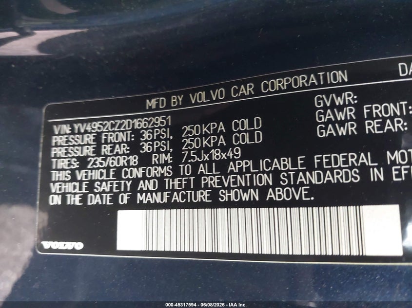 2013 Volvo Xc90 VIN YV4952CZ2D1662951 IAAI salvage auction — FRONT END, Salvage Title, sold $100 on 2026-07-22 (photo 9)