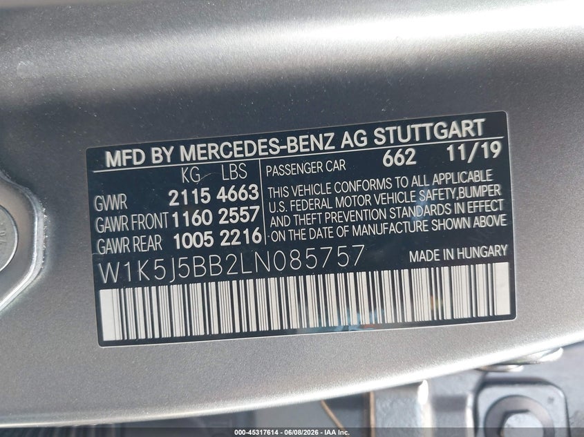 2020 Mercedes-benz VIN W1K5J5BB2LN085757 IAAI salvage auction — ENGINE DAMAGE, Salvage Title, sold $11,000 on 2026-07-29 (photo 9)