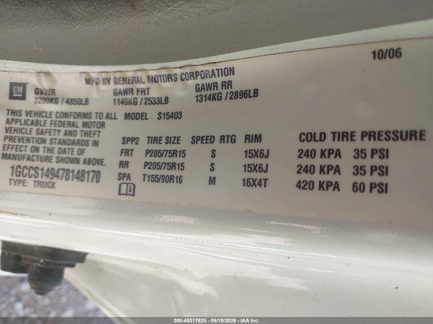2007 Chevrolet Colorado VIN 1GCCS149478148170 IAAI salvage auction — NORMAL WEAR, Clear (Tennessee), sold $1,525 on 2026-07-09 (photo 9)