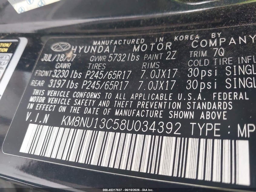 2008 Hyundai Veracruz VIN KM8NU13C58U034392 IAAI salvage auction — NORMAL WEAR, Clear (Georgia), sold $550 on 2026-07-08 (photo 9)
