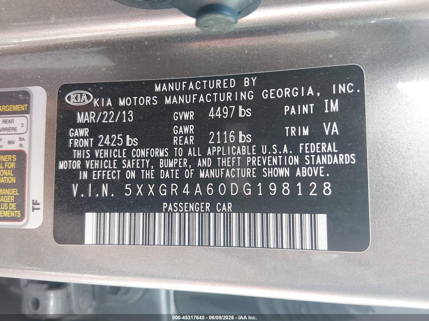 2013 Kia Optima VIN 5XXGR4A60DG198128 IAAI salvage auction — FRONT END, Salvage (Nevada), sold $450 on 2026-07-24 (photo 9)