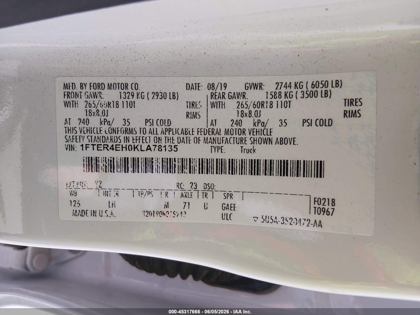 2019 Ford Ranger VIN 1FTER4EH0KLA78135 IAAI salvage auction — FRONT END, Original (Texas), sold $7,800 on 2026-08-20 (photo 9)