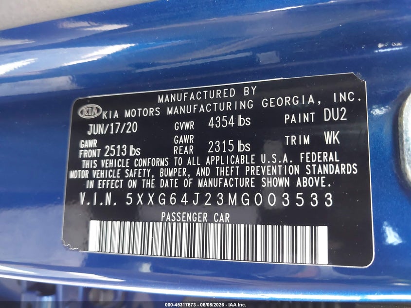 2021 Kia K5 VIN 5XXG64J23MG003533 IAAI salvage auction — FRONT END, Salvage Title, sold $4,350 on 2026-07-20 (photo 9)
