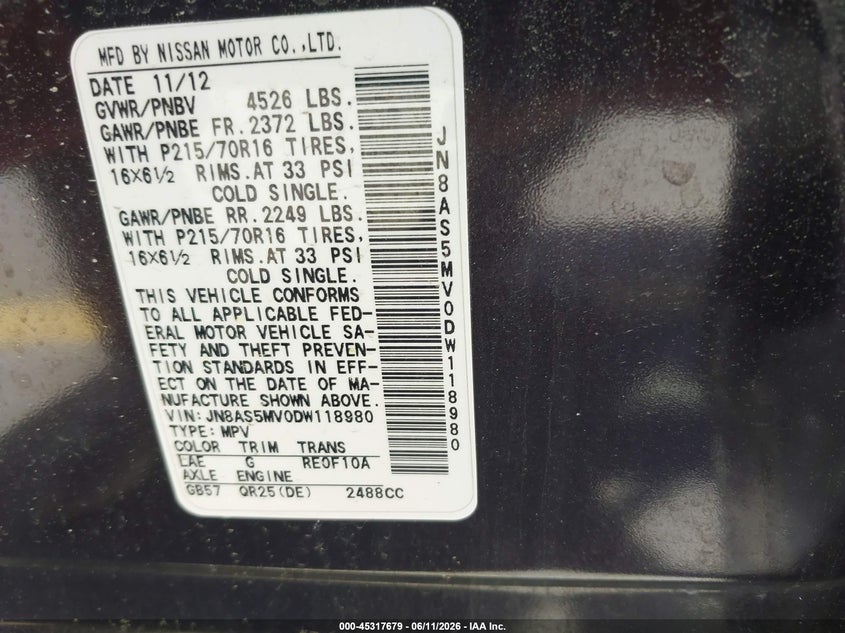 2013 Nissan Rogue VIN JN8AS5MV0DW118980 IAAI salvage auction — NORMAL WEAR, Clear - Dealer Only (California), sold $675 on 2026-08-01 (photo 9)