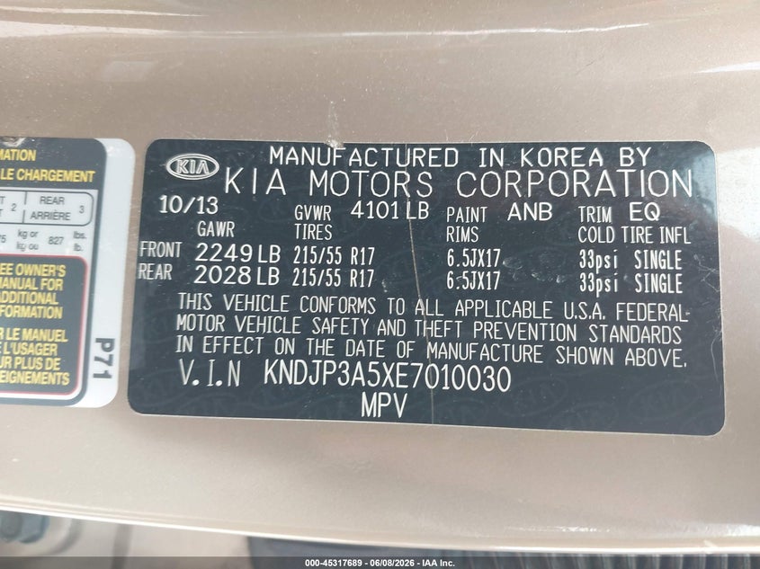 2014 Kia Soul VIN KNDJP3A5XE7010030 IAAI salvage auction — RIGHT FRONT, Salvage Title, sold $1,200 on 2026-07-22 (photo 9)