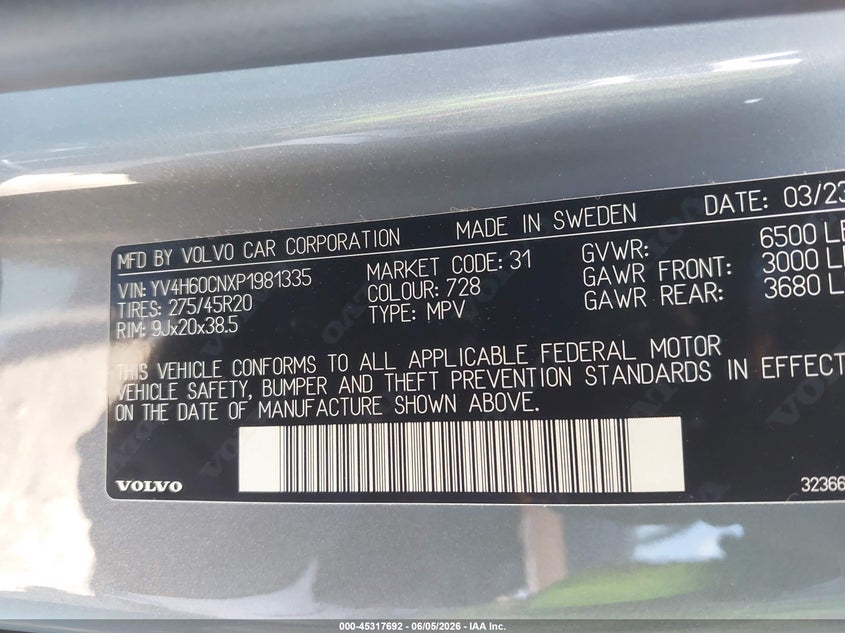 2023 Volvo Xc90 VIN YV4H60CNXP1981335 IAAI salvage auction — UNDERCARRIAGE, Salvage Title, sold $18,150 on 2026-08-03 (photo 9)