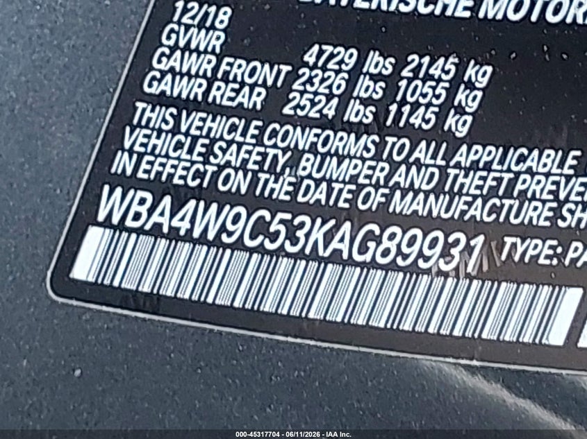 2019 BMW 4er VIN WBA4W9C53KAG89931 IAAI salvage auction — FRONT END, Mv-907A (New York), sold $9,400 on 2026-07-07 (photo 9)