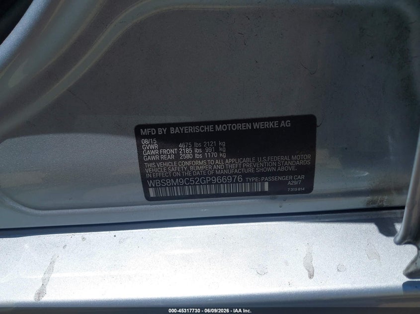 2016 BMW M3 VIN WBS8M9C52GP966976 IAAI salvage auction — REAR END, Salvage Title, sold $18,700 on 2026-07-15 (photo 9)