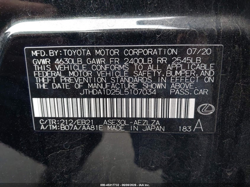 2020 Lexus Is VIN JTHDA1D25L5107034 IAAI salvage auction — SIDE, Salvage Certificate (California), sold $7,300 on 2026-07-29 (photo 9)