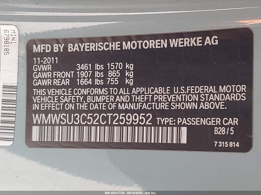 2012 Mini Cooper VIN WMWSU3C52CT259952 IAAI salvage auction — FRONT END, Original (Texas), sold $700 on 2026-07-22 (photo 9)