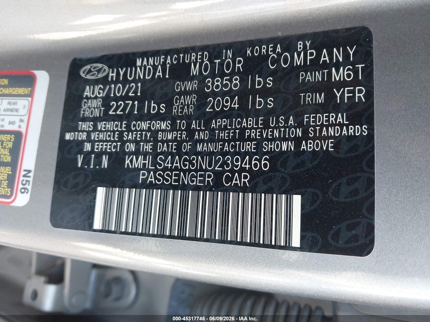 2022 Hyundai Elantra VIN KMHLS4AG3NU239466 IAAI salvage auction — FRONT & REAR, Salvage Title, sold $3,925 on 2026-07-16 (photo 9)