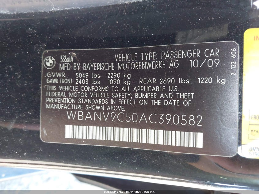 2010 BMW 5er VIN WBANV9C50AC390582 IAAI salvage auction — NORMAL WEAR, Clear (Massachusetts), sold $325 on 2026-07-07 (photo 9)