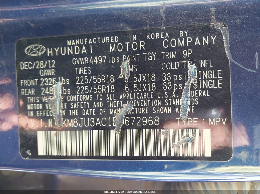 2013 Hyundai Tucson VIN KM8JU3AC1DU672968 IAAI salvage auction — NORMAL WEAR, Salvage Title, sold $425 on 2026-07-28 (photo 9)