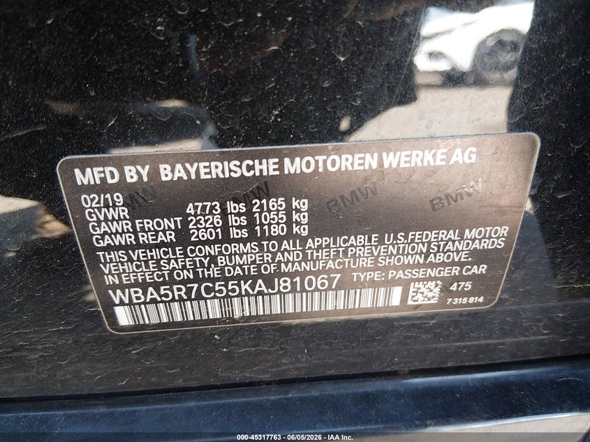 2019 BMW 3er VIN WBA5R7C55KAJ81067 IAAI salvage auction — RIGHT SIDE, Salvage (Colorado), sold $8,875 on 2026-08-18 (photo 9)