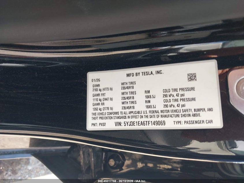 2026 Tesla Model 3 VIN 5YJ3E1EA6TF149069 IAAI salvage auction — FRONT & REAR, Salvage Title, sold $12,600 on 2026-08-02 (photo 9)