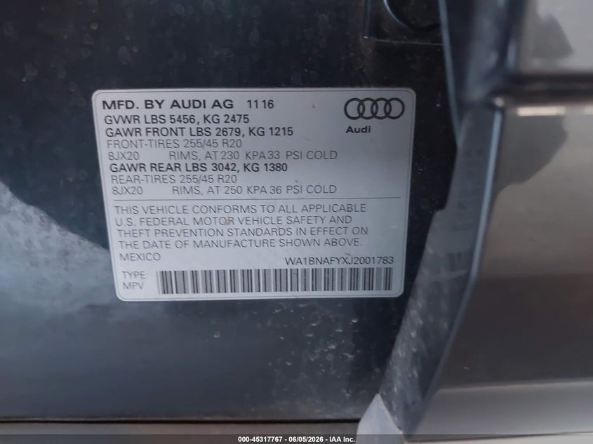 2018 Audi Q5 VIN WA1BNAFYXJ2001783 IAAI salvage auction — FRONT END, Salvage Title, sold $5,925 on 2026-07-24 (photo 9)