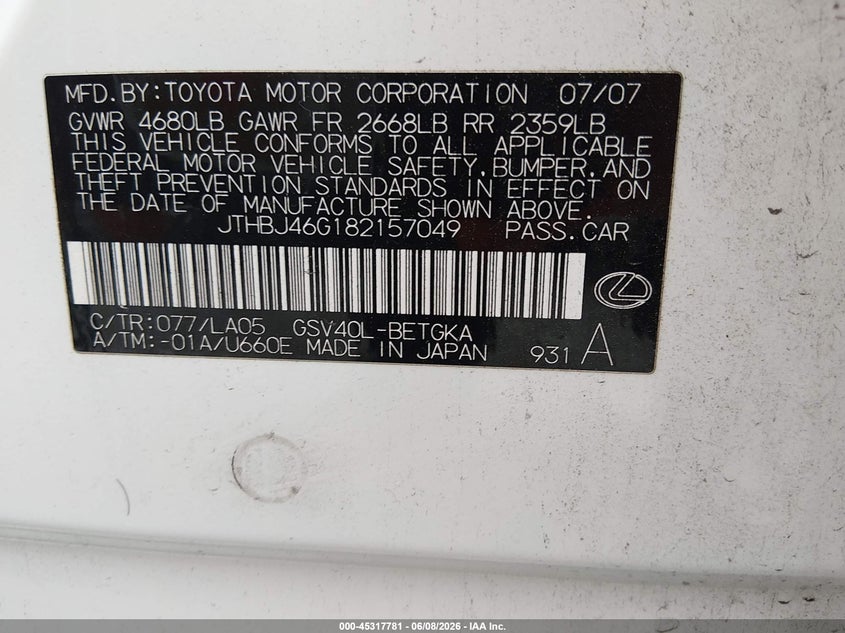 2008 Lexus ES VIN JTHBJ46G182157049 IAAI salvage auction — NORMAL WEAR, Salvage (California), sold $550 on 2026-07-09 (photo 9)