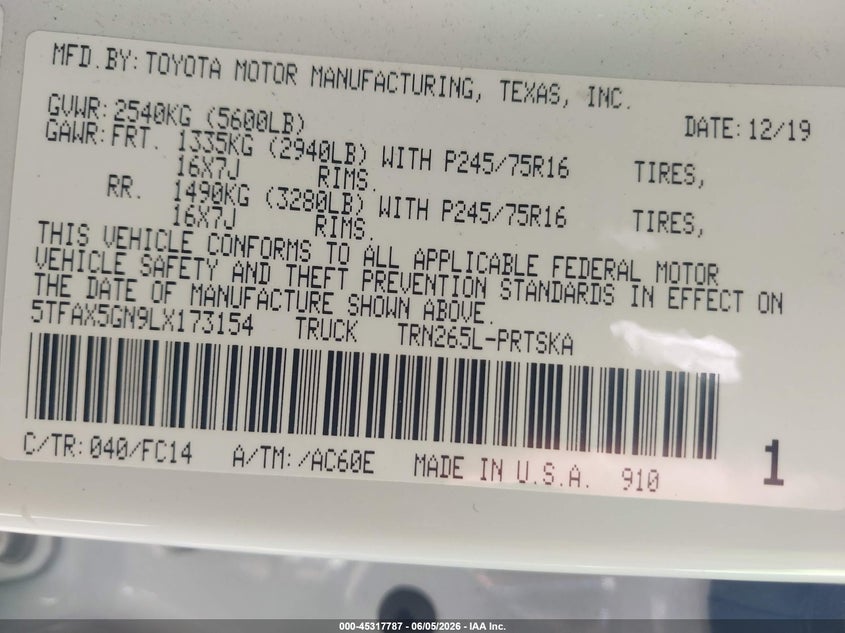 2020 Toyota Tacoma VIN 5TFAX5GN9LX173154 IAAI salvage auction — FRONT END, Salvage (California), sold $2,050 on 2026-07-29 (photo 9)
