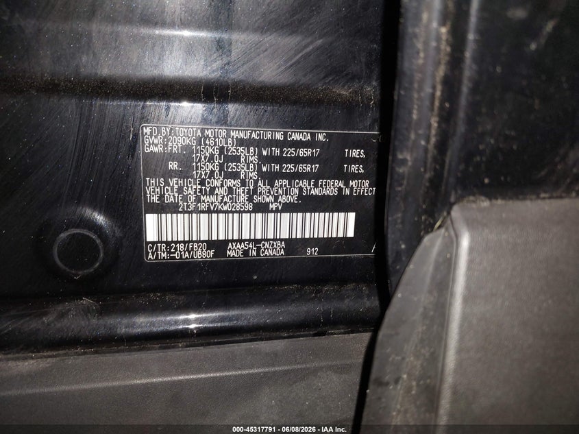 2019 Toyota Rav 4 VIN 2T3F1RFV7KW028598 IAAI salvage auction — FRONT END, Salvage (Minnesota), sold $7,800 on 2026-08-22 (photo 9)