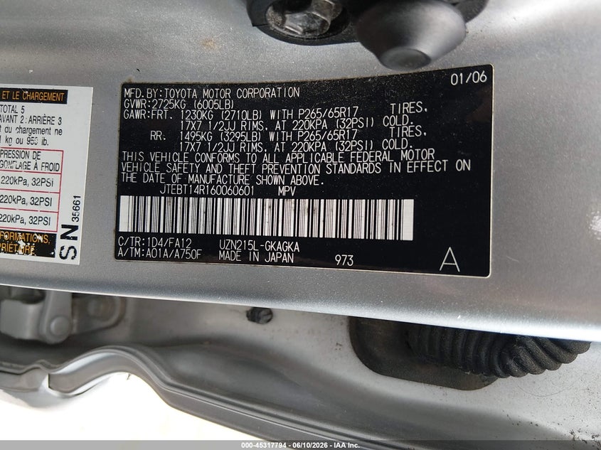 2006 Toyota 4runner VIN JTEBT14R160060601 IAAI salvage auction — ROOF, Salvage (Kansas), sold $4,175 on 2026-07-08 (photo 9)