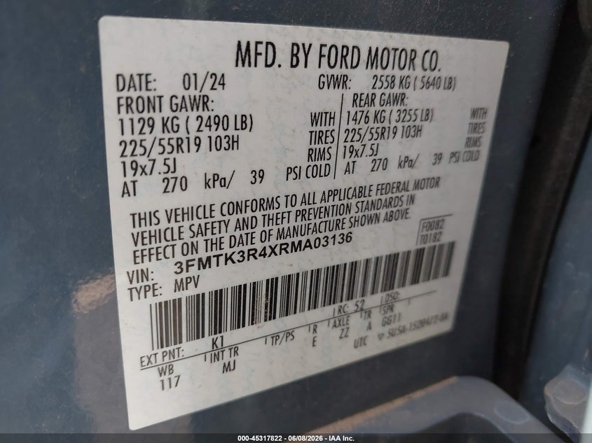 2024 Ford Mustang mach-e VIN 3FMTK3R4XRMA03136 IAAI salvage auction — RIGHT FRONT, Salvage Title, sold $10,000 on 2026-07-23 (photo 9)
