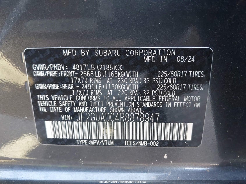 2024 Subaru Xv VIN JF2GUADC4R8878947 IAAI salvage auction — RIGHT FRONT, Certificate Of Destruction (Florida), sold $3,800 on 2026-07-29 (photo 9)