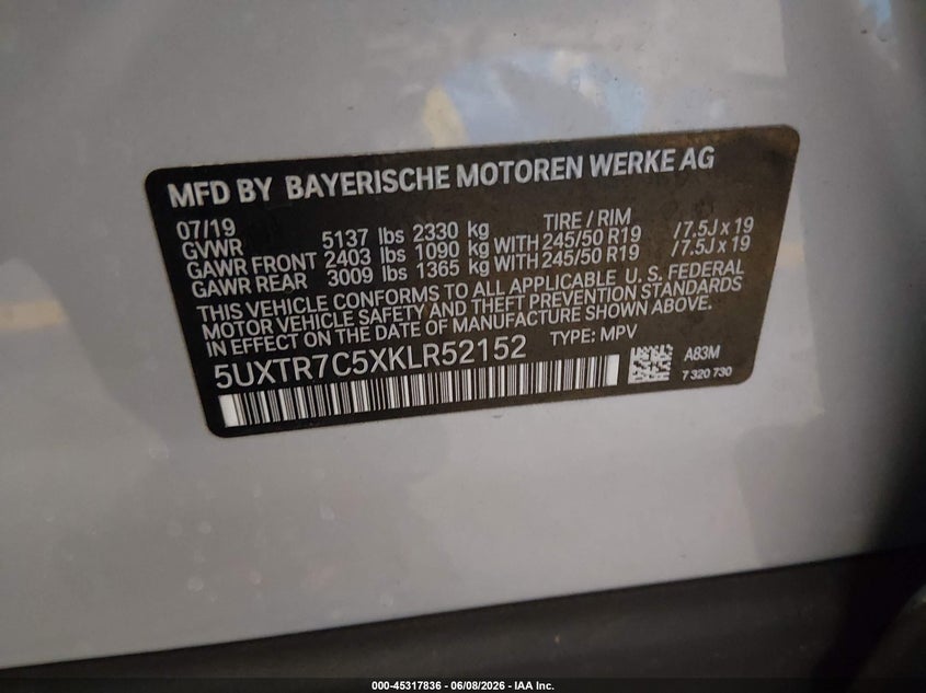 2019 BMW X3 VIN 5UXTR7C5XKLR52152 IAAI salvage auction — REAR END, Salvage Title, sold $11,100 on 2026-07-08 (photo 9)