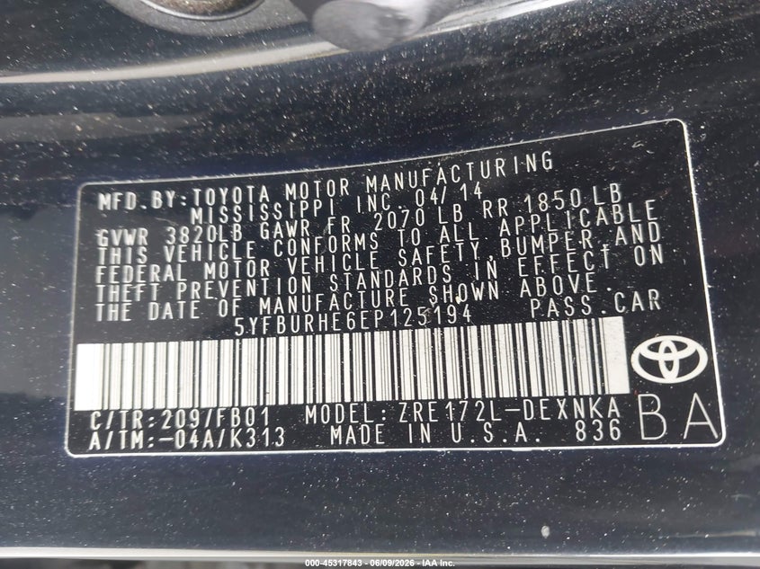 2014 Toyota Corolla VIN 5YFBURHE6EP125194 IAAI salvage auction — REAR END, Salvage Title, sold $2,400 on 2026-07-13 (photo 9)
