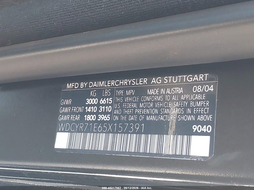 2005 Mercedes-benz G-class VIN WDCYR71E65X157391 IAAI salvage auction — WATER/FLOOD, Clear (Montana), sold $24,600 on 2026-07-29 (photo 9)