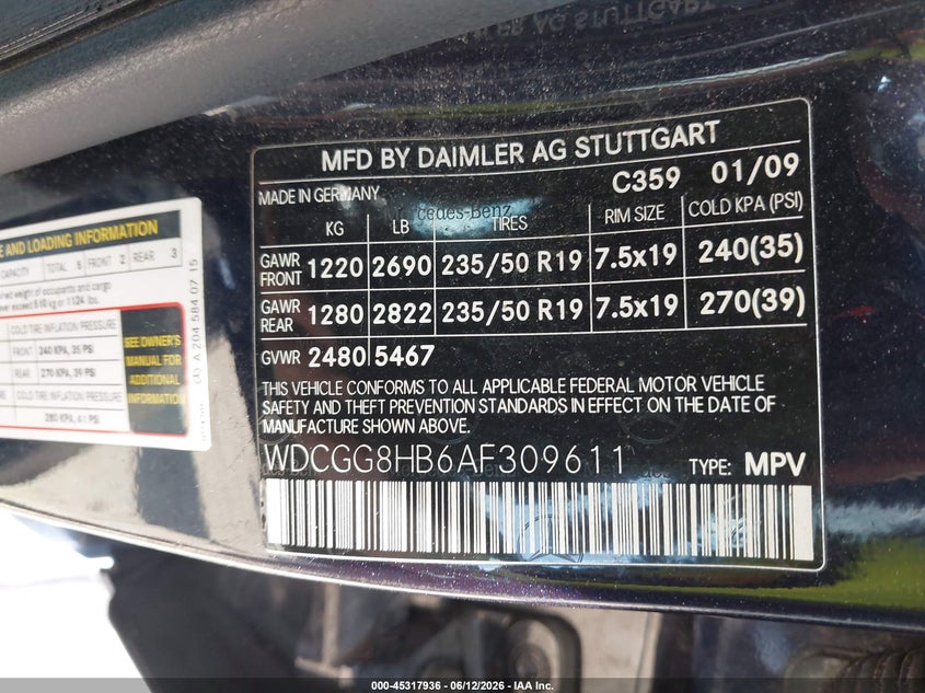 2010 Mercedes-benz Glk-class VIN WDCGG8HB6AF309611 IAAI salvage auction — FRONT END, Clear (Virginia), sold $625 on 2026-07-11 (photo 9)