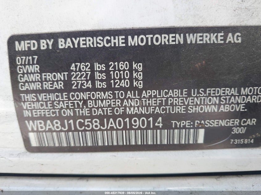 2018 BMW 3er VIN WBA8J1C58JA019014 IAAI salvage auction — RIGHT SIDE, Salvage Title, sold $4,350 on 2026-07-15 (photo 9)