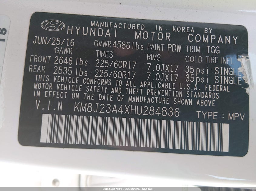 2017 Hyundai Tucson VIN KM8J23A4XHU284836 IAAI salvage auction — BIO HAZARD, Salvage Title, sold $3,275 on 2026-07-22 (photo 9)
