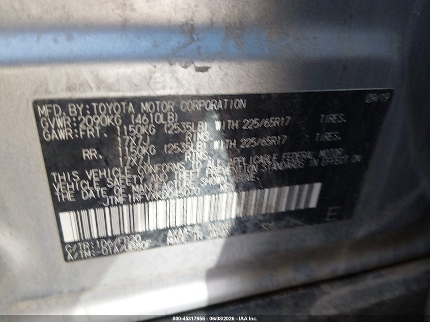 2019 Toyota Rav 4 VIN JTMF1RFVXKD045070 IAAI salvage auction — REAR END, Salvage (New Mexico), sold $6,750 on 2026-07-29 (photo 9)