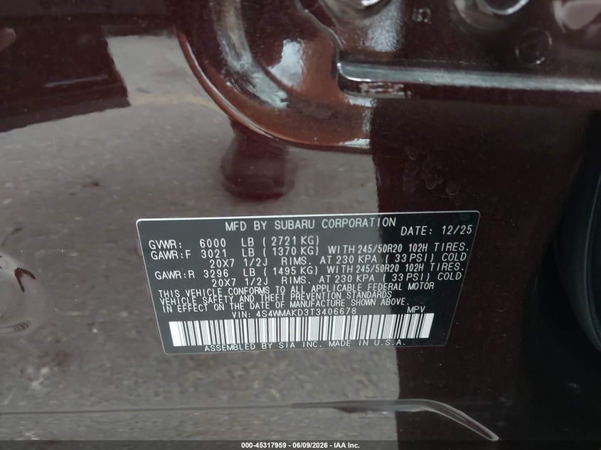 2026 Subaru Ascent VIN 4S4WMAKD3T3406678 IAAI salvage auction — SIDE, Salvage (Utah), sold $12,500 on 2026-08-21 (photo 9)