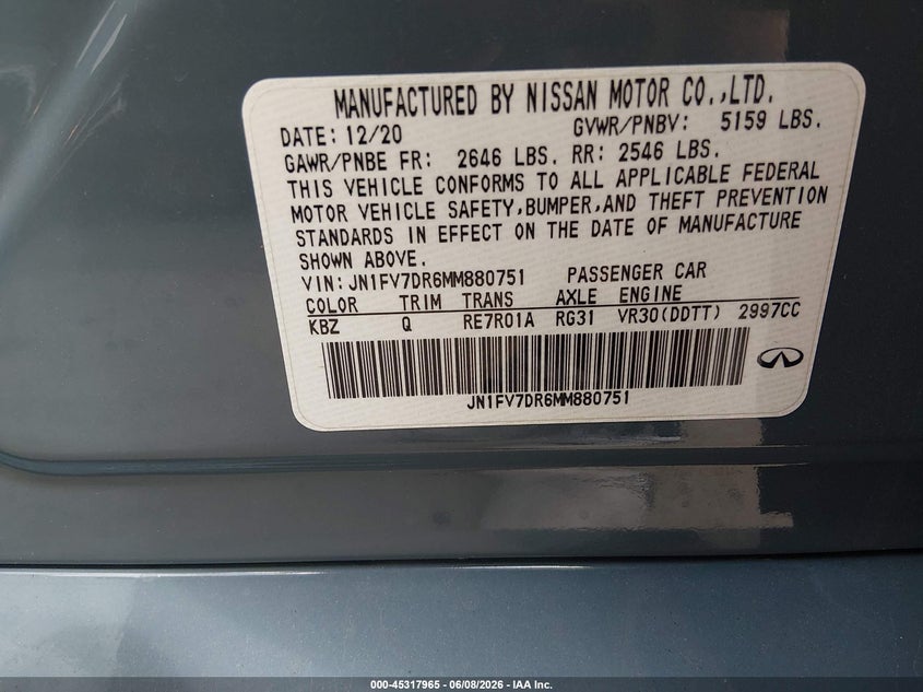 2021 Infiniti Q50 VIN JN1FV7DR6MM880751 IAAI salvage auction — HAIL, Salvage Title, sold $13,200 on 2026-07-14 (photo 9)