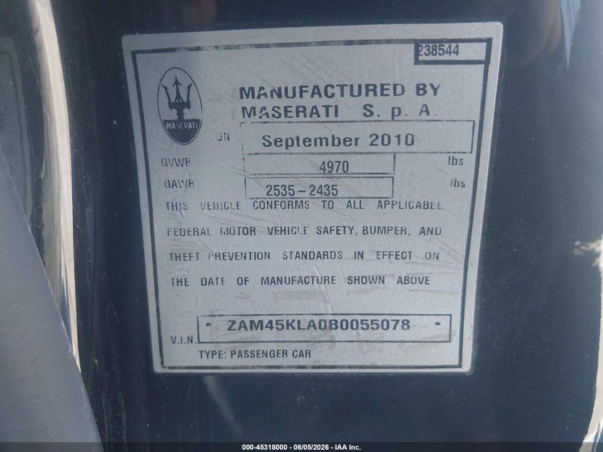 2011 Maserati Granturismo VIN ZAM45KLA0B0055078 IAAI salvage auction — FRONT END, Salvage (California), sold $12,150 on 2026-07-08 (photo 9)