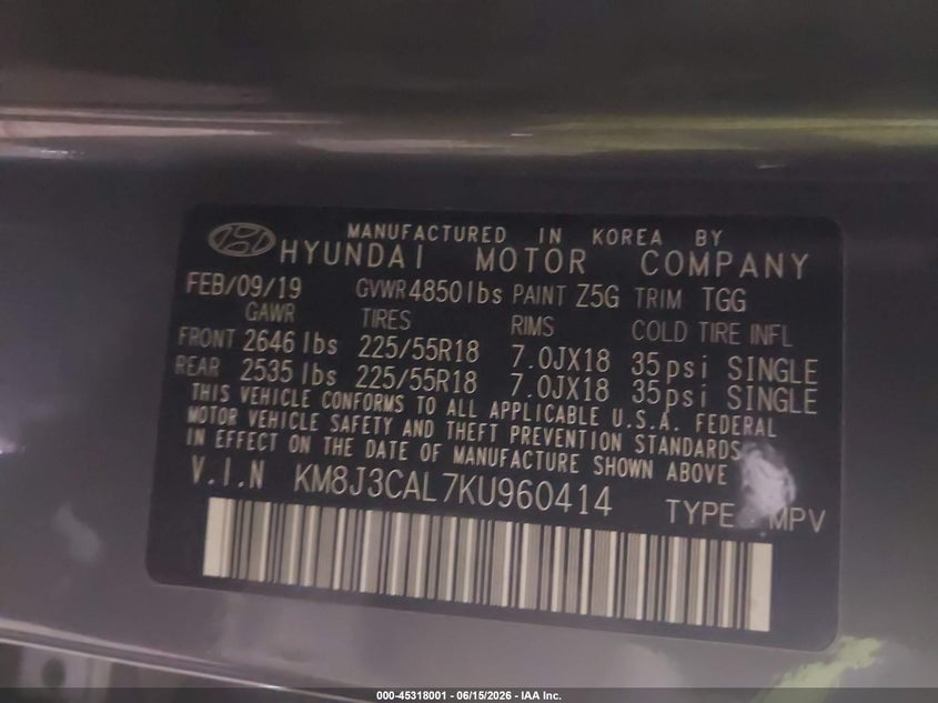2019 Hyundai Tucson VIN KM8J3CAL7KU960414 IAAI salvage auction — FRONT & REAR, Salvage (Virginia), sold $4,750 on 2026-07-16 (photo 9)