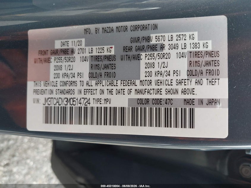 2021 Mazda Cx-9 VIN JM3TCADY3M0514724 IAAI salvage auction — FRONT END, Salvage (California), sold $4,950 on 2026-07-28 (photo 9)