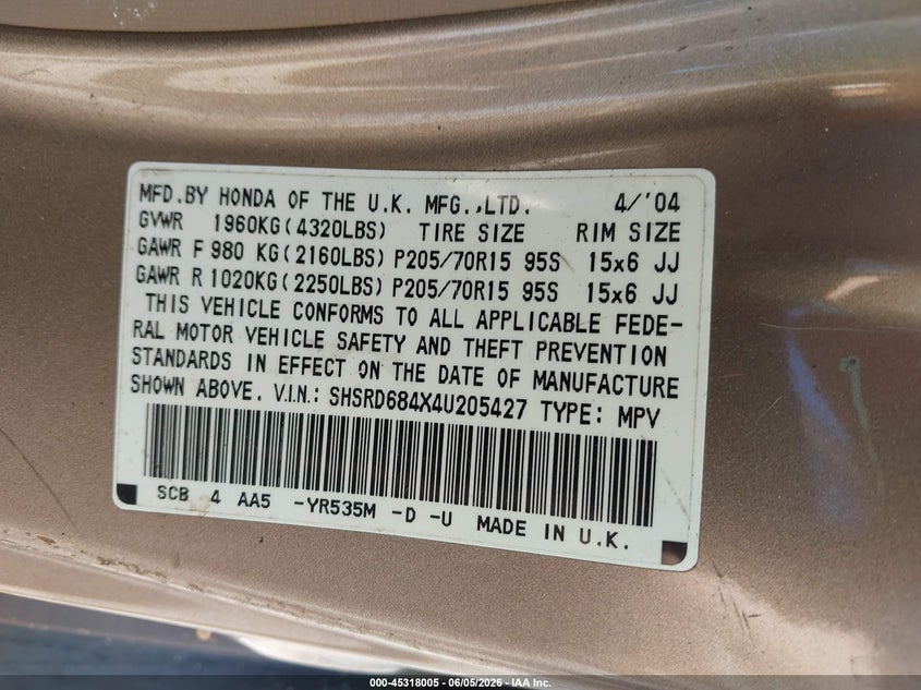2004 Honda Cr-v VIN SHSRD684X4U205427 IAAI salvage auction — MECHANICAL, Clear (Florida), sold $575 on 2026-07-07 (photo 9)