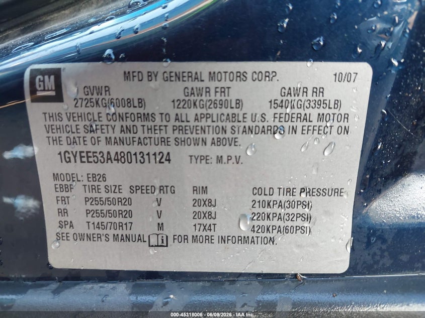 2008 Cadillac Srx VIN 1GYEE53A480131124 IAAI salvage auction — RIGHT REAR, Salvage (Alabama), sold $350 on 2026-07-08 (photo 9)