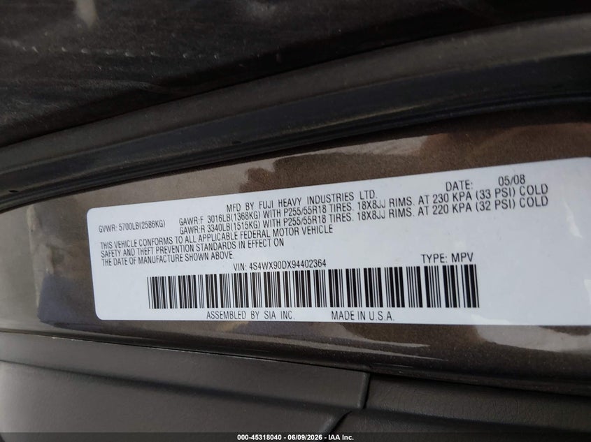 2009 Subaru Tribeca VIN 4S4WX90DX94402364 IAAI salvage auction — LEFT REAR, Bill Of Sale (Washington), sold $400 on 2026-07-08 (photo 9)