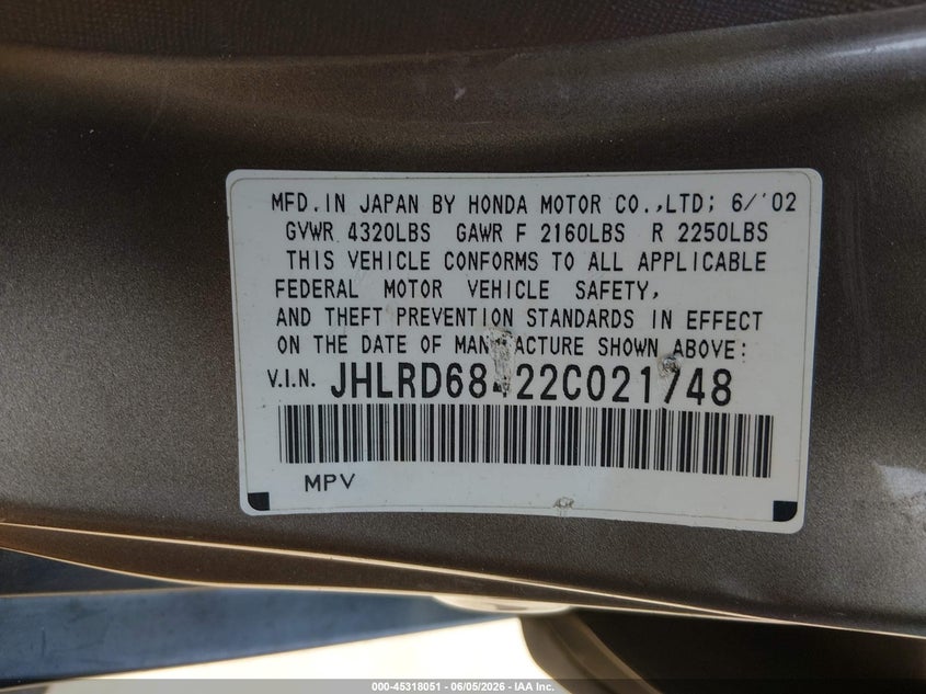 2002 Honda Cr-v VIN JHLRD68422C021748 IAAI salvage auction — NORMAL WEAR, App For Dup Clear (California), sold $475 on 2026-07-15 (photo 9)