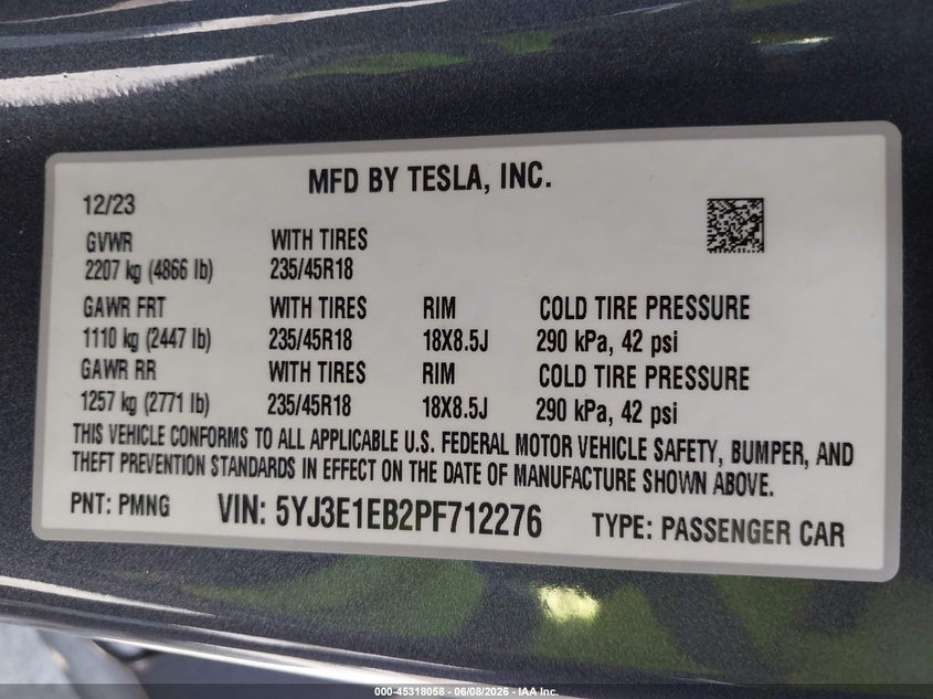 2023 Tesla Model 3 VIN 5YJ3E1EB2PF712276 IAAI salvage auction — FRONT END, Salvage Title, sold $8,650 on 2026-07-15 (photo 9)