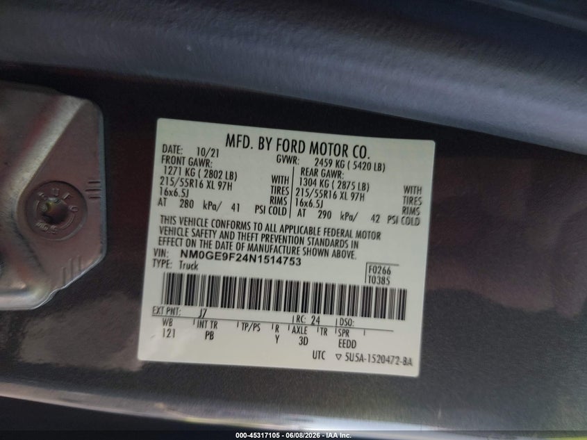 2022 Ford Transit VIN NM0GE9F24N1514753 IAAI salvage auction — LEFT REAR, Salvage Title, sold $9,000 on 2026-07-16 (photo 9)