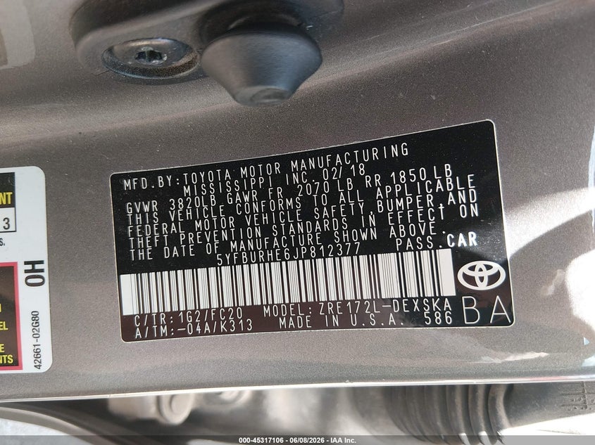 2018 Toyota Corolla VIN 5YFBURHE6JP812377 IAAI salvage auction — FRONT END, Salvage Title, sold $5,450 on 2026-07-16 (photo 9)