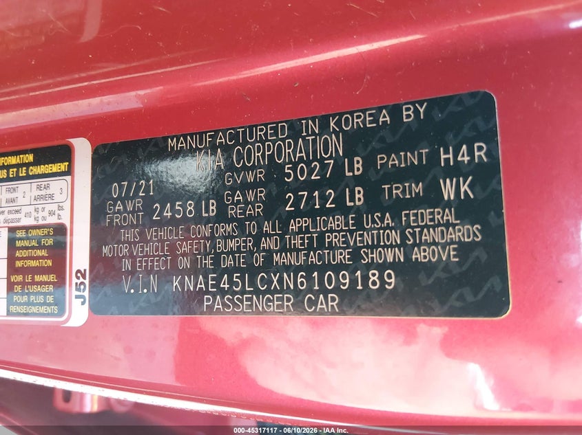 2022 Kia Stinger VIN KNAE45LCXN6109189 IAAI salvage auction — FRONT END, Salvage (Ohio), sold $4,850 on 2026-07-28 (photo 9)