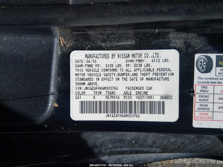 2010 Nissan 370z VIN JN1AZ4FH6AM303764 IAAI salvage auction — FRONT END, Salvage (Louisiana), sold $3,200 on 2026-07-14 (photo 9)